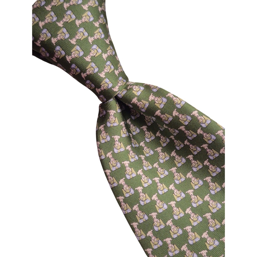 Salvatore Ferragamo Mens Silk Tie Green Whimsical Dog Animal Print Made in Italy